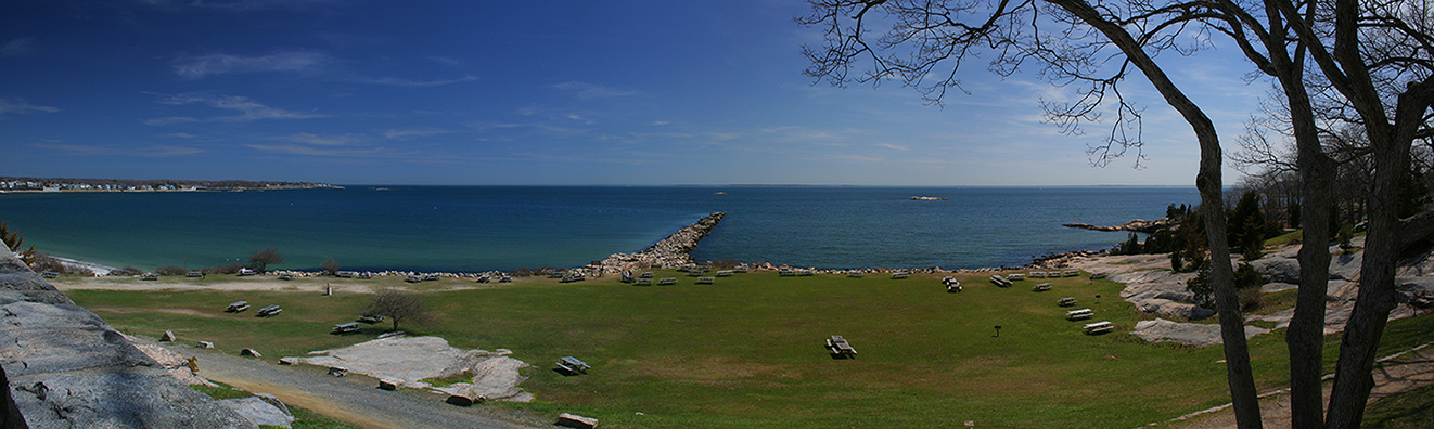 panorama of Rocky Neck State Park that looks out to Long Island Sound